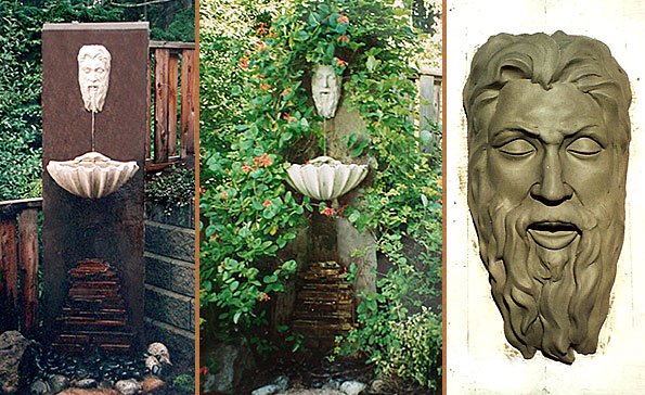 Sculpted Neptune and scallop cast in white concrete and mounted on a concrete/slate waterwall. Left: Original installation. Middle: 3 years later. Right: Original clay sculpture.